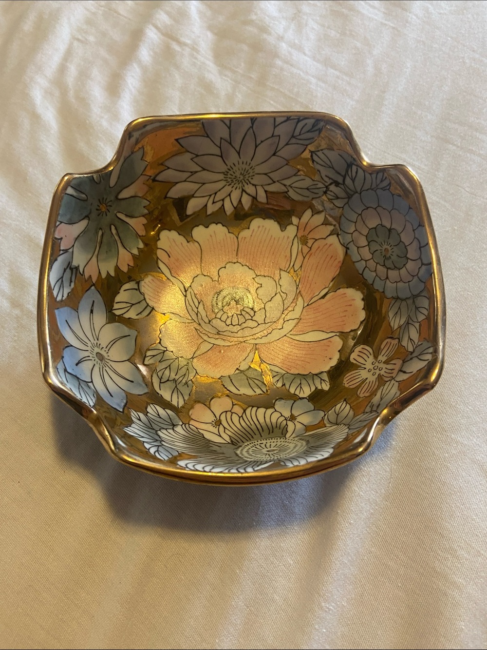 Gold Floral Decorative Bowl - Pink and White Accent - WBI